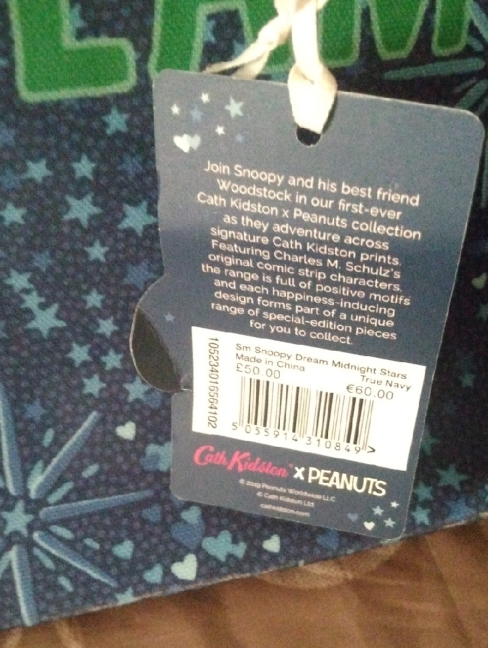 Cath Kidston Navy Star Print Tote with Tan Handles and Green 'DREAM' - Picture 6 of 7